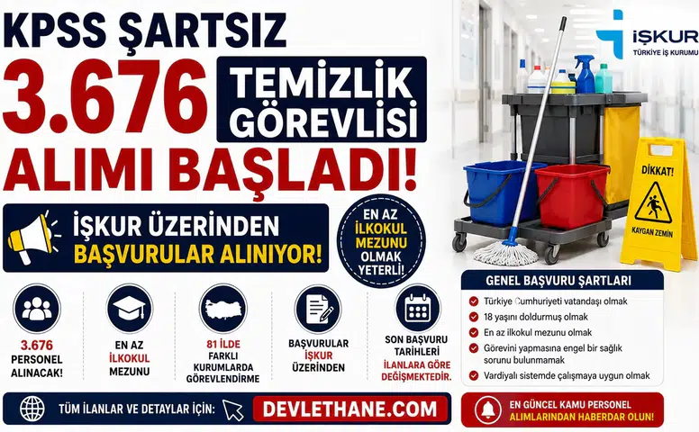 KPSS Şartsız 3.676 Temizlik Görevlisi Alımı Başladı! İŞKUR Üzerinden Başvurular Alınıyor