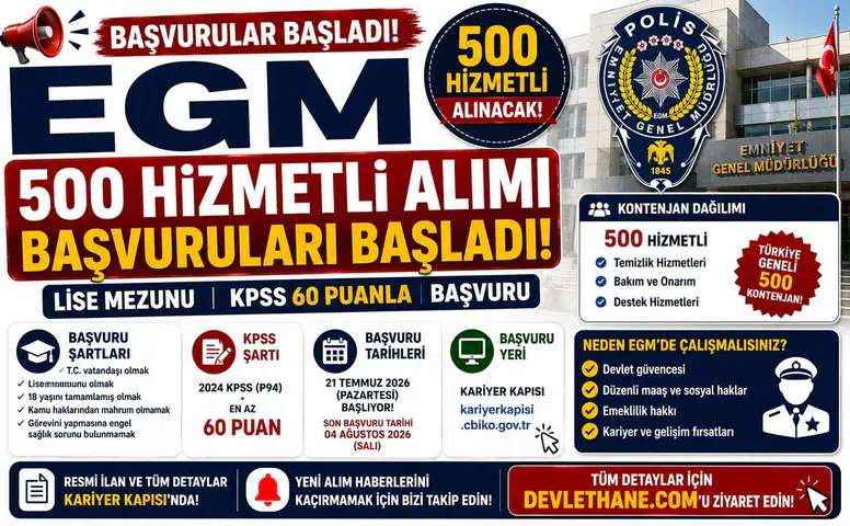 EGM 500 Hizmetli Alımı Başvuruları Başladı! Lise Mezunu KPSS 60 Puanla Başvuru