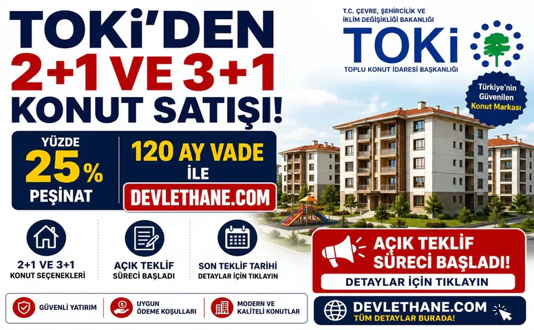 TOKİ’den 2+1 ve 3+1 Konut Satışı: Yüzde 25 Peşinat, 120 Ay Vade ile Açık Teklif Süreci Başladı