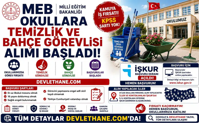 MEB Okullara Temizlik ve Bahçe Görevlisi Alımı Başladı: İŞKUR Başvuru Şartları ve İller
