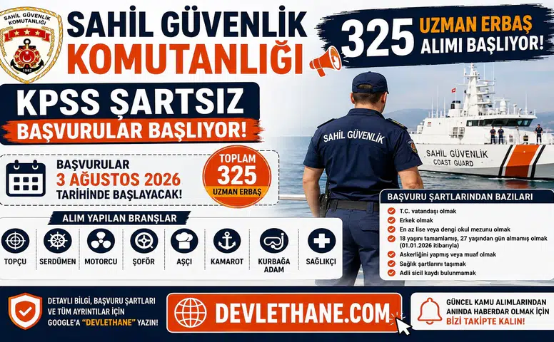 Sahil Güvenlik Komutanlığı 325 Uzman Erbaş Alımı Başlıyor! KPSS Şartsız Başvurular 3 Ağustos'ta Başlayacak