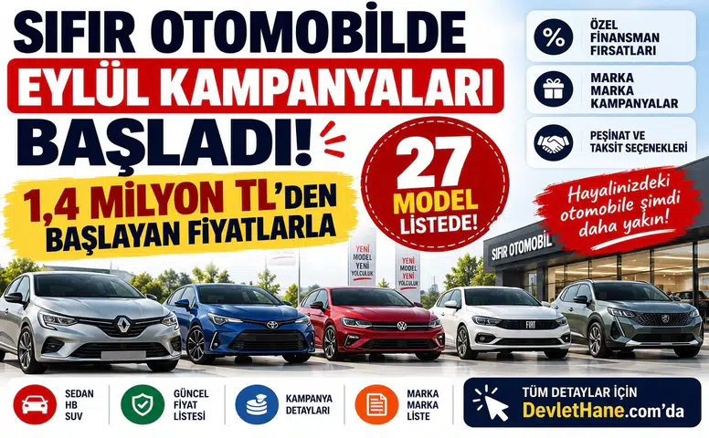 Sıfır Otomobilde Eylül Kampanyaları Başladı: 1,4 Milyon TL’den Başlayan Fiyatlarla 27 Model Listede