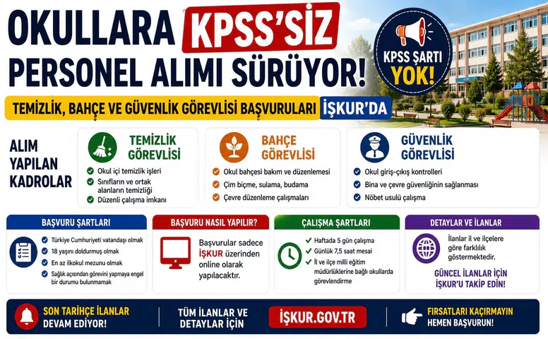 Okullara KPSS’siz Personel Alımı Sürüyor: Temizlik, Bahçe ve Güvenlik Görevlisi Başvuruları İŞKUR’da