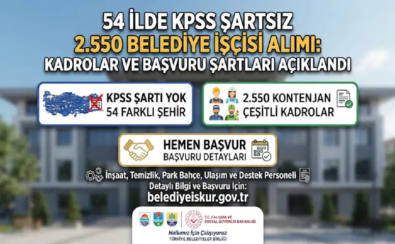 54 İlde KPSS Şartsız 2.550 Belediye İşçisi Alımı: Kadrolar ve Başvuru Şartları Açıklandı