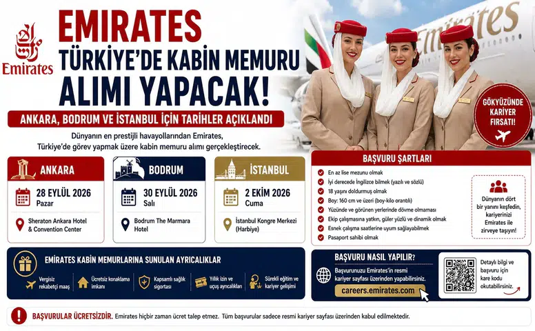 Emirates Türkiye’de Kabin Memuru Alımı Yapacak: Ankara, Bodrum ve İstanbul İçin Tarihler Açıklandı