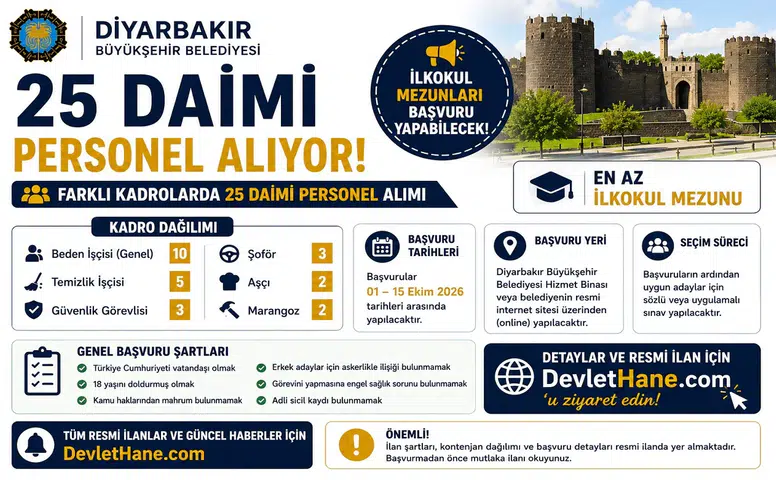 Diyarbakır Büyükşehir Belediyesi 25 Daimi Personel Alıyor: İlkokul Mezunları Başvurabilecek