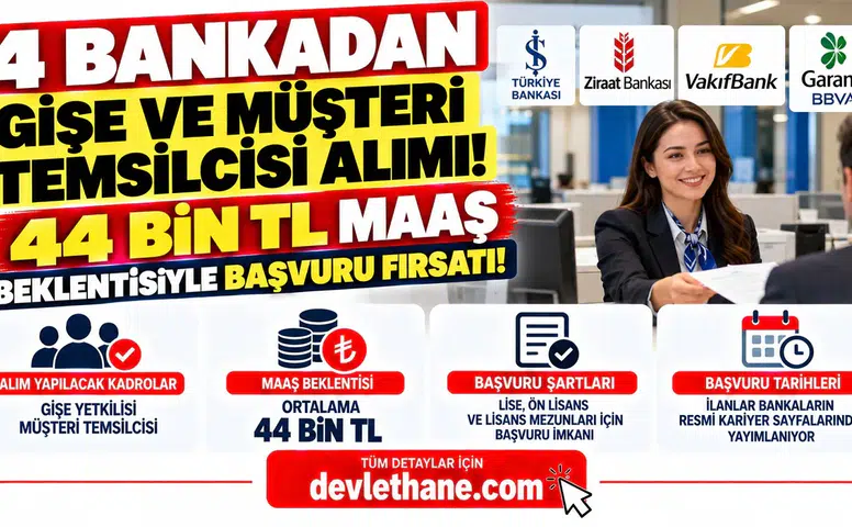 4 Bankadan Gişe ve Müşteri Temsilcisi Alımı! 44 Bin TL Maaş Beklentisiyle Başvuru Fırsatı