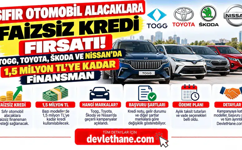 Sıfır Otomobil Alacaklara Faizsiz Kredi Fırsatı! Togg, Toyota, Škoda ve Nissan'da 1,5 Milyon TL'ye Kadar Finansman
