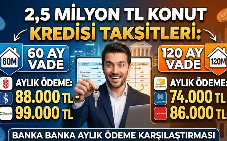 2,5 milyon TL konut kredisi taksitleri: 60 ve 120 ay vadede banka banka aylık ödeme