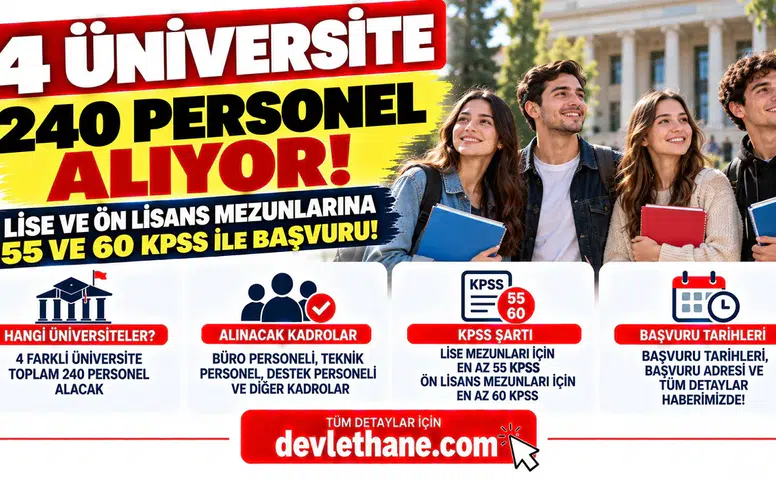 4 Üniversite 240 Personel Alıyor! Lise ve Ön Lisans Mezunlarına 55 ve 60 KPSS ile Başvuru